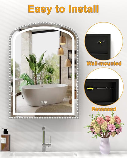 Daisy Beaded LED Medicine Cabinet with Mirror, Lighted Bathroom Mirror with Storage Full-Metal, Dimmable 3 Colors Lighting Anti-Fog and Memory Function, 1 Organizer Box, Bling Silver 20x28 Inch