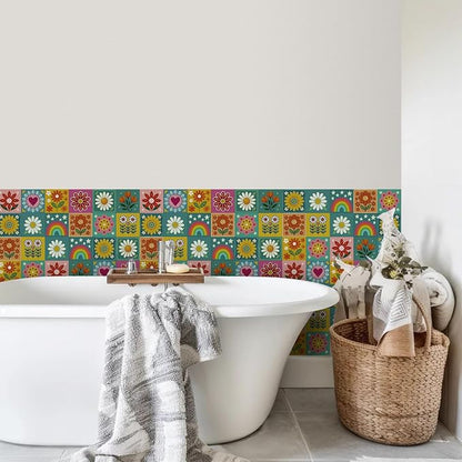 Easy Peel Stick wall Tile Stickers 6x6in Stick on backsplash Tiles,12Pcs | removable 3D tile for kitchen RV bathroom laundry backsplash decor,Ultra-high-definition printed sunflower&rainbow pattern