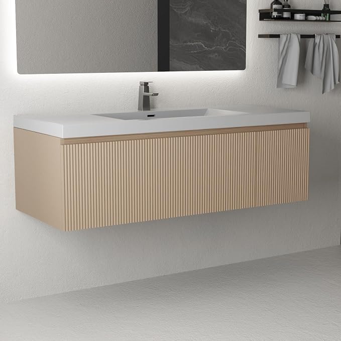 48 Inch Floating Bathroom Vanity with Sink, Wall-Mounted Striped Storage Cabinet with Soft-Close Drawer, Glossy White Solid Surface Basin, Fully Assembled, Natural Oak Finish