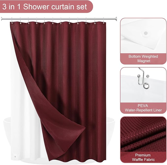 3 in 1 Burgundy Shower Curtain with PEVA Liner, 12 Hooks, 72x72 | Luxury Weighted Fabric Shower Curtain Set, 12 Stainless Steel Double-Sided Hooks, Water Repellent, Bathroom Decor