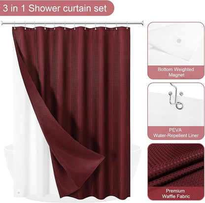 3 in 1 Burgundy Shower Curtain with PEVA Liner, 12 Hooks, 72x72 | Luxury Weighted Fabric Shower Curtain Set, 12 Stainless Steel Double-Sided Hooks, Water Repellent, Bathroom Decor