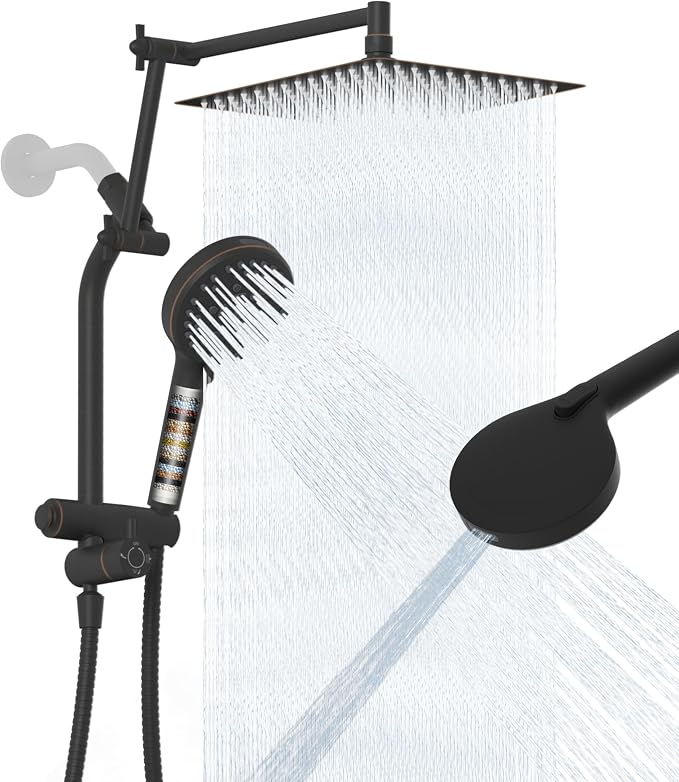 12" Metal Rain Shower Head with Handheld, 10-Mode with Filter, Easy Reach | Oil Rubbed Bronze, High-Pressure Rainfall Showerhead, 4-Way Diverter Pause Mode, Adjustable 16" Extension Arm/71" Hose/Holder
