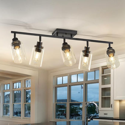 LOUSACE 5 Light Kitchen Track Light Fixtures Ceiling Vanity Lights Black, Bathroom Track Lighting Kit w/Rotatable Heads & Clear Glass Shade, Modern Wall Ceiling Tracking Light for Accent Shop Hallway