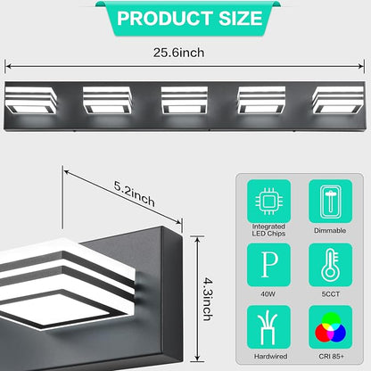 SOLFART LED Bathroom Lighting Fixtures - 5 Lights Modern Matte Black Acrylic Vanity Lights for Mirror 32inch 24W 5CCT