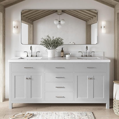 ARIEL Bristol 72-inch Bathroom Vanity with Sink,Solid Wood, 1.5-inch Pure White Quartz Countertop & Backsplash, Double Rectangular Porcelain Sink, 4 Soft Closing Doors, 4 Dovetail Drawers, Grey