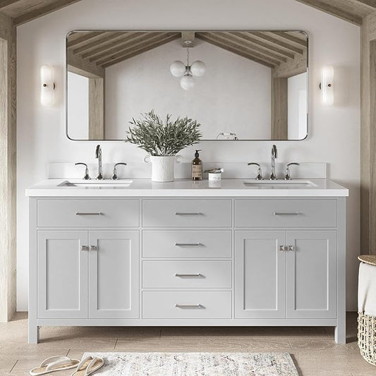 ARIEL Bristol 72-inch Bathroom Vanity with Sink,Solid Wood, 1.5-inch Pure White Quartz Countertop & Backsplash, Double Rectangular Porcelain Sink, 4 Soft Closing Doors, 4 Dovetail Drawers, Grey