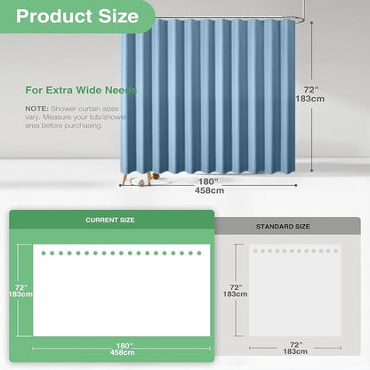 Extra Wide Waffle Shower Curtain 256 GSM 180"x72" Moonlight Blue | 180 Inch Wide, Thick Cloth, Weighted Hem, Water Repellent, Hotel Luxury Polyester Shower Curtain Set for Bathroom 32 Hooks