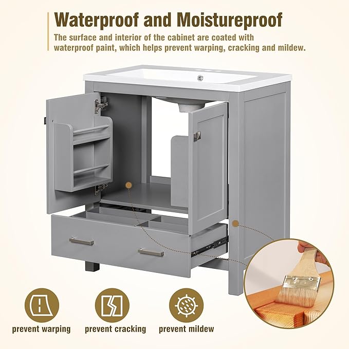 LUMISOL 30" Gray Bathroom Vanity with Sink, Solid Wood Bathroom Vanity with a Drawer and 2 Doors, Multifunctional Storage Racks, Freestanding Bathroom Storage Cabinet with Ceramic Sink, Grey