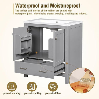 LUMISOL 30" Gray Bathroom Vanity with Sink, Solid Wood Bathroom Vanity with a Drawer and 2 Doors, Multifunctional Storage Racks, Freestanding Bathroom Storage Cabinet with Ceramic Sink, Grey