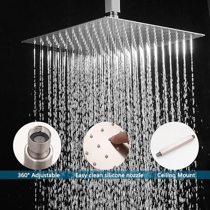 12 Inch Ceiling Mount Brushed Nickel Shower System Bathroom Luxury Rain Mixer Shower Combo Set Ceiling Rainfall Shower Head System (Contain Shower Faucet Rough-in Valve Body and Trim Kit)
