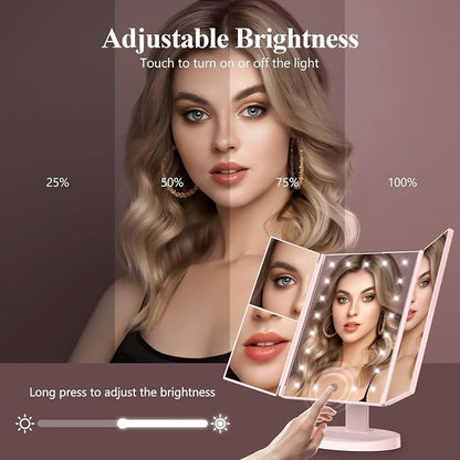 HUONUL 2X/3X/10X Magnifying Vanity Mirror with Light, Trifold Makeup Mirror | Touch Dimming, Dual Power, Clear View for Makeup, Skincare. Dorm Room Essentials. Birthday Gifts for Women, Mom, Wife, Girls