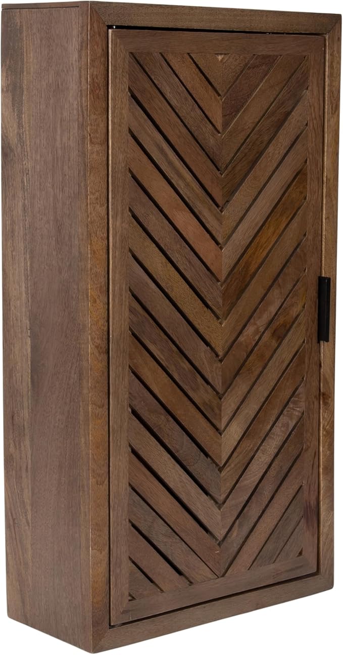 Kate and Laurel Mezzeta Decorative Modern One-Door Floating Bathroom Cabinet, 15 x 7 x 28, Brown, Decorative Over Toilet Storage Cabinet Made from Solid Mango Wood with Slatted Chevron Design
