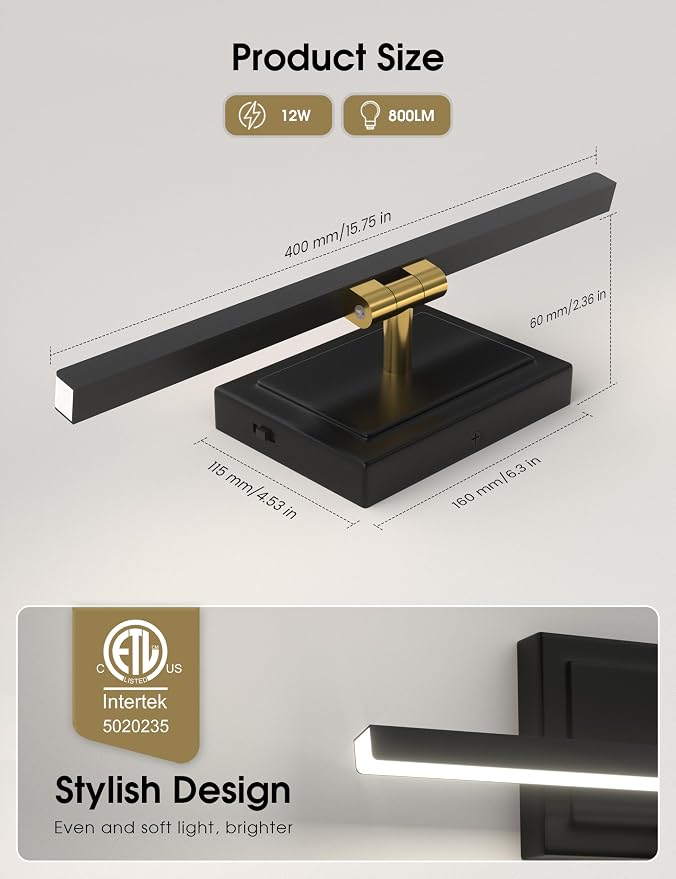 VOLISUN Modern Bathroom Vanity Light 15.7 inch, Rotatable, 12W Dimmable 5CCT Led Bathroom Light Fixture Over Mirror, Black Gold Bar Vanity Light for Bathroom Mirror Restroom-ETL Certificated
