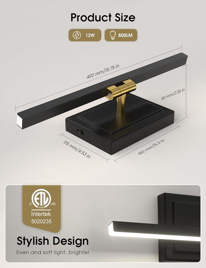VOLISUN Modern Bathroom Vanity Light 15.7 inch, Rotatable, 12W Dimmable 5CCT Led Bathroom Light Fixture Over Mirror, Black Gold Bar Vanity Light for Bathroom Mirror Restroom-ETL Certificated