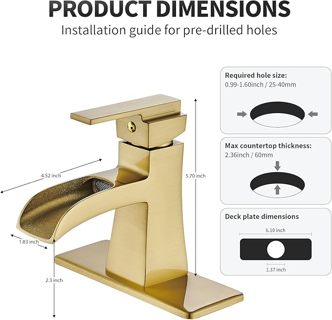 Brushed Gold Bathroom Sink Faucet, Sanliv Single Hole Waterfall Bathroom Faucet for 1 or 3-Hole Sinks (4 Inch Centerset) One Handle Vanity Faucets with Pop Up Drain, Champagne Bronze