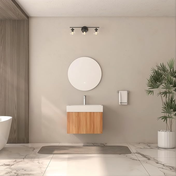 Floating Bathroom Vanity with Sink, Nature Soild Wood Cabinet with Ceramic Basin, Extra Large Storage Drawer & Pre-Assembled Vanities for Bathroom, Powder Room (Nature C Style, 24")