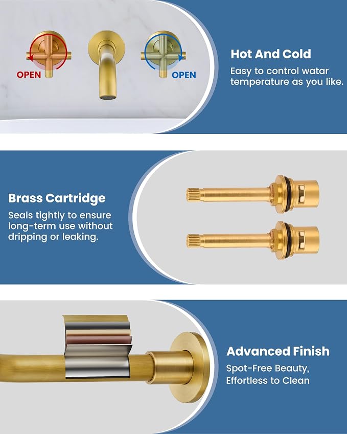 Airuida Solid Brass Antique Brass Wall Mount Bathroom Faucet | 360° Swivel Spout,Rough in Valve,2 Cross Handle,3 Hole,Widespread