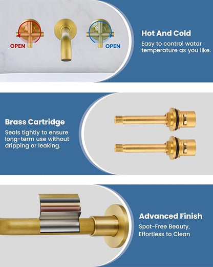 Airuida Solid Brass Antique Brass Wall Mount Bathroom Faucet | 360° Swivel Spout,Rough in Valve,2 Cross Handle,3 Hole,Widespread