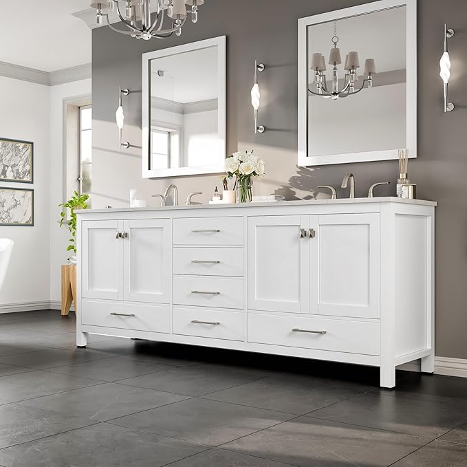 Eviva Aberdeen 84 in. White Double Sink Bath Vanity with Carrara Quartz Top and Undermount Porcelain Sinks