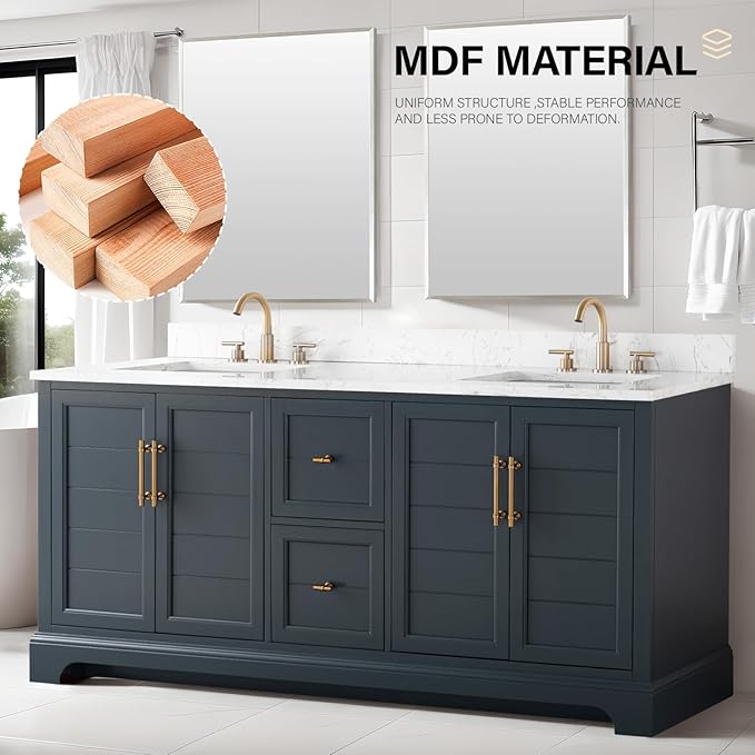 HOMEBEYOND 72 Inch Bathroom Vanity with Double Sink & Ceramic Top, Vanity Cabinet with Center Countertop Basin, Soft-Closing Doors, Backsplash, Vintage Spruce Blue