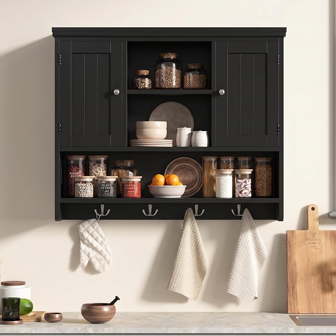 Bathroom Wall Cabinet with Doors and Hooks, 3-Tier Wall Mounted Cabinet | Modern Medicine Cabinet with 3 Open Shelves, Over the Toilet Storage Cabinet for Kitchen, Laundry Room, Living Room, Black