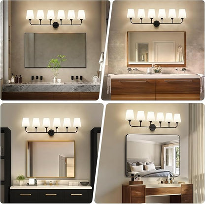 Bathroom Vanity Light, Matte Black Bathroom Light Fixtures, 6-Light Lighting Fixtures Over Mirror, Modern Wall Sconce with Flared White Fabric Shade, E26 Socket(ETL Listed)