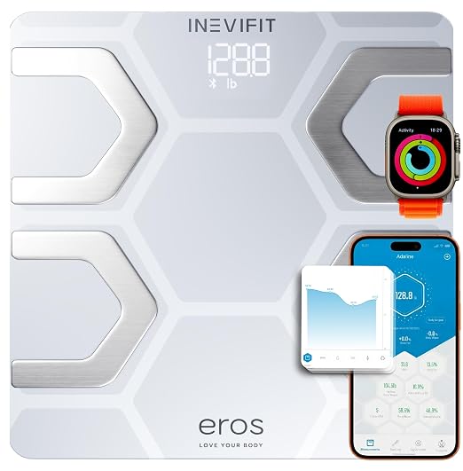 INEVIFIT EROS Bluetooth Body Fat Scale Smart BMI Highly Accurate Digital Bathroom Body Composition Analyzer with Wireless Smartphone APP 400 lbs 11.8 x 11.8 inch (White)