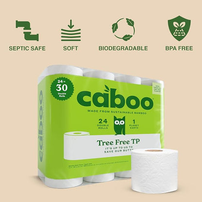 Caboo Tree Free Toilet Paper, PFAS Free, Septic Safe, 24 Double Rolls | Made with 100% Bamboo, Responsibly Sourced, Organically Grown, Hypoallergenic, BPA Free, Lint Free, Chemical Free, Toxin Free