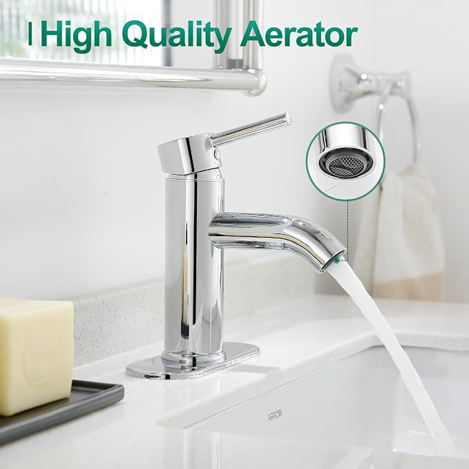 Bathroom Faucet Chrome Modern Bathroom Sink Faucet, Single Handle Faucet for Sink, Vanity, RV, Lavatory, Suitable for 1 or 3 Holes, with Supply Deck Plate and Hose
