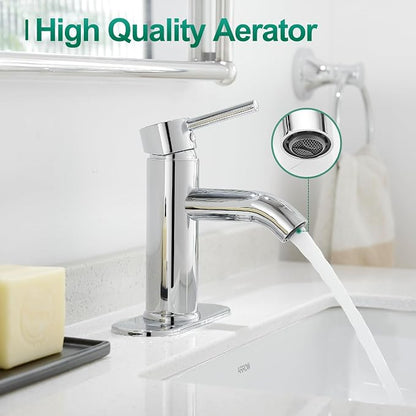 Bathroom Faucet Chrome Modern Bathroom Sink Faucet, Single Handle Faucet for Sink, Vanity, RV, Lavatory, Suitable for 1 or 3 Holes, with Supply Deck Plate and Hose