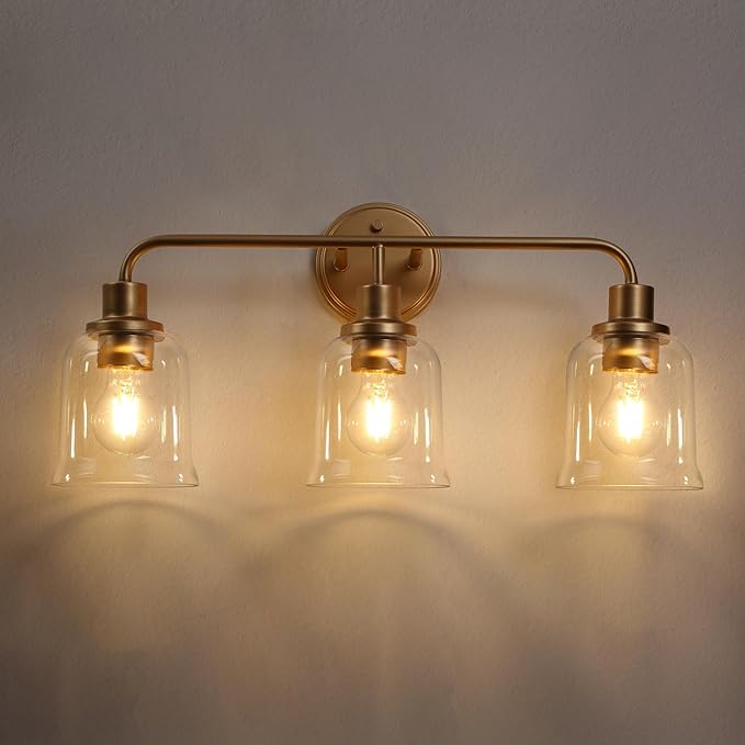 KSANA Gold Bathroom Vanity Light Fixtures with Clear Glass Shade, 3-Light Modern Bathroom Vanity Lights Over Mirror, 22.8”x7.3”x10.8”