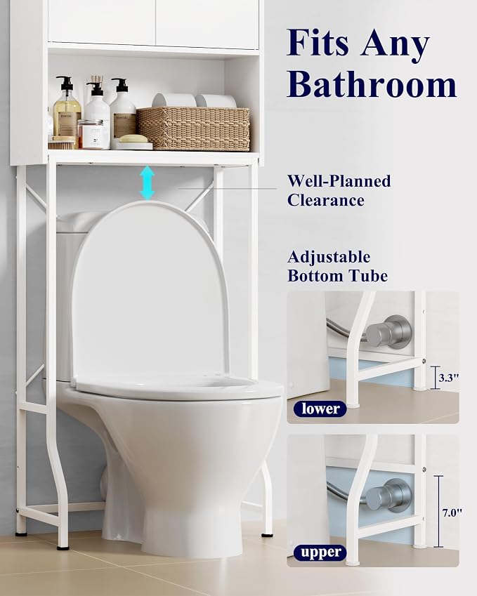 Kitsure 68.1"H Over Toilet Storage Cabinet, Magnetic Door, Adjustable Shelf | Bathroom, Laundry Room, Small Spaces, Families, Multi-Compartment Storage, Anti-Tip Design, White, 3 Tier Storage