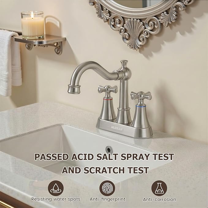 Hurran 4-inch Centerset Brushed Nickel Classical Bathroom Faucet, 2 Handles for 2 or 3 Hole Sink with 360° Swivel Spout, Pop Up Drain Assembly and Supply Hose for Vanity Sink Lavatory Faucet