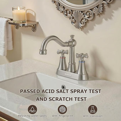 Hurran 4-inch Centerset Brushed Nickel Classical Bathroom Faucet, 2 Handles for 2 or 3 Hole Sink with 360° Swivel Spout, Pop Up Drain Assembly and Supply Hose for Vanity Sink Lavatory Faucet