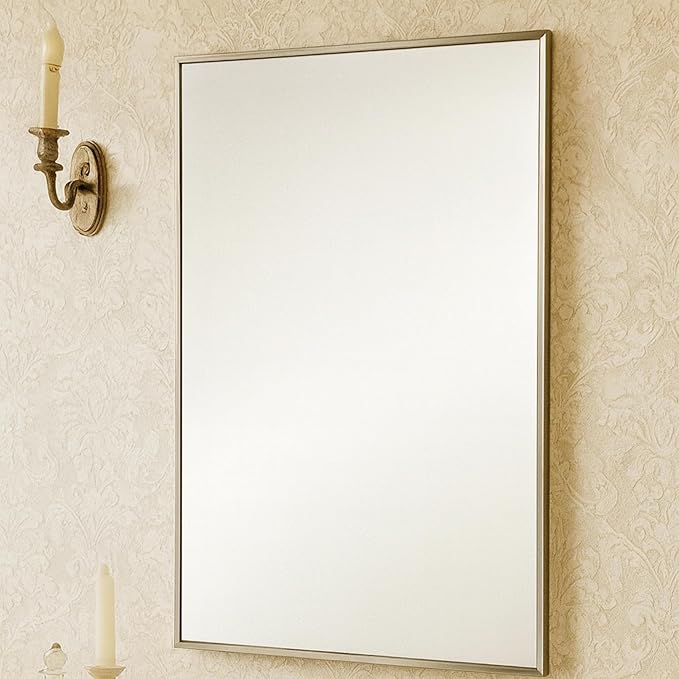 TEHOME 20'' x 30'' Brushed Nickel Recessed and Surface Mount Bathroom Medicine Cabinet with Mirror Square Cornered Metal Framed Rounded Rectangle Medicine Cabinet Mirror