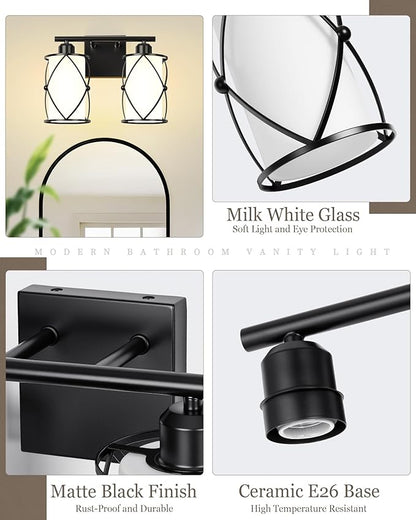 2-Light Black Bathroom Light Fixtures with Milk White Frosted Glass, 13.8" Modern Bathroom Vanity Lighting Fixtures Over Mirror with Metal Cage, Wall Sconce Lights for Bath, E26, CH9176BKW-2W