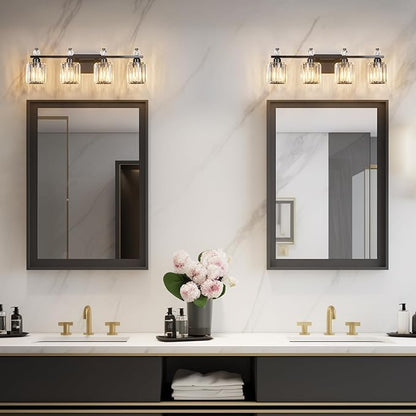 Bathroom Vanity Lights 4-Light Plating Black Modern Crystal Vanity Light Fixtures Over Mirror Crystal Bathroom Vanity Lighting Fixtures