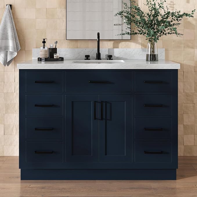 Isabella 48-Inch Bathroom Vanity with Sink — Midnight Blue Single Sink Bathroom Vanity, 1.5" Edge Italian Carrara Marble Top, Solid Wood, 2 Soft-Close Doors, 8 Dovetail Drawers + Tilt Drawer
