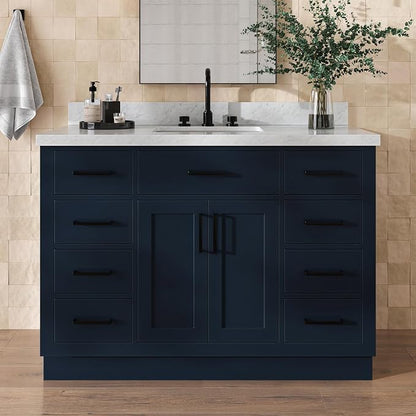 Isabella 48-Inch Bathroom Vanity with Sink — Midnight Blue Single Sink Bathroom Vanity, 1.5" Edge Italian Carrara Marble Top, Solid Wood, 2 Soft-Close Doors, 8 Dovetail Drawers + Tilt Drawer
