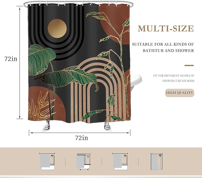 Glawry Brown Abstract Mid Century Shower Curtain Boho Retro Tropical Palm Tree Leaves Sun Arch Modern Bathroom Aesthetic Geometric 72Wx72L Inches Bath Accessories Art Home Decor Fabric 12 Pack Hooks