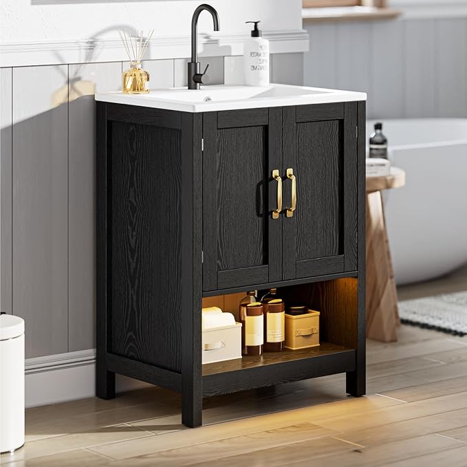 24 Inch Bathroom Vanity with Sink, Small Modern Bathroom Cabinet with LED Light, Bathroom Vanity Set, Double Soft Closing Cabinet Door with Organizer, Black