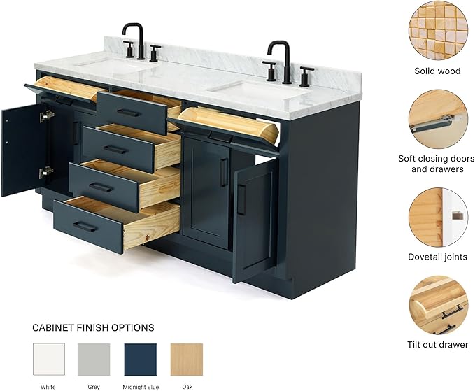 ARIEL Hepburn 72-inch Bathroom Vanity with Sink,Solid Wood, 1.5-inch Italian Carrara Marble Countertop, Double Rectangular Porcelain Sink, 4 Soft Closing Doors, 6 Dovetail Drawers, Midnight Blue