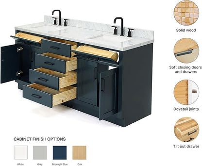 ARIEL Hepburn 72-inch Bathroom Vanity with Sink,Solid Wood, 1.5-inch Italian Carrara Marble Countertop, Double Rectangular Porcelain Sink, 4 Soft Closing Doors, 6 Dovetail Drawers, Midnight Blue