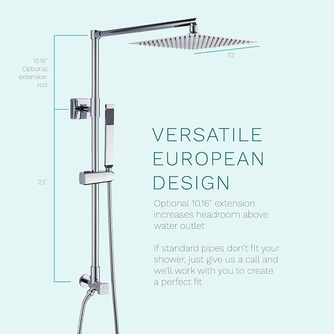 Polaris Lux Rain Shower System, includes 10” Square Rainfall Shower Head and Handheld Shower Combo, Height Adjustable Spray Holder, Retrofit, 60” Hose (2.5 GPM Chrome)