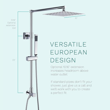 Polaris Lux Rain Shower System, includes 10” Square Rainfall Shower Head and Handheld Shower Combo, Height Adjustable Spray Holder, Retrofit, 60” Hose (2.5 GPM Chrome)