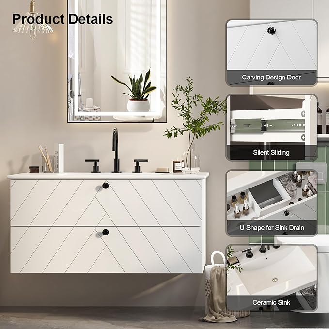 36 inch Bathroom Vanity with Sink, Floating Cabinet with Ceramic Sink, 2 Fluted Drawers Large Storage, Soft-Close Design, Modern (No Faucet)