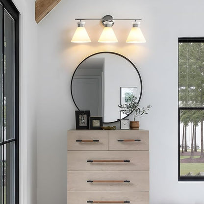 WOSHITU Nickel Bathroom Vanity Light Fixtures: Vanity Lighting Fixtures Over Mirror 23.4 inch with Milky White Frosted Glass, 3-Lights Vanity Light Above Mirror Bathroom Wall Light(Exclude Bulb)