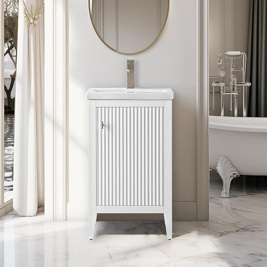 Vanity Art 20 inch Bathroom Vanity with Single Sink & Ceramic Top, Vanity Cabinet with Soft-Closing Door, Solid Wood Frame, Linear Pattern, White, Golden Brushed Handware VA9120-W-GB
