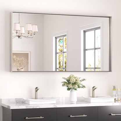 Keonjinn 55x30 Inch Nickel Bathroom Mirror for Over Sink, Rectangular | HD Tempered Glass, Vanity Mirror, Brushed Framed, Square Corner, Modern Farmhouse, Wall Mounted Mirrors, Aluminum Alloy
