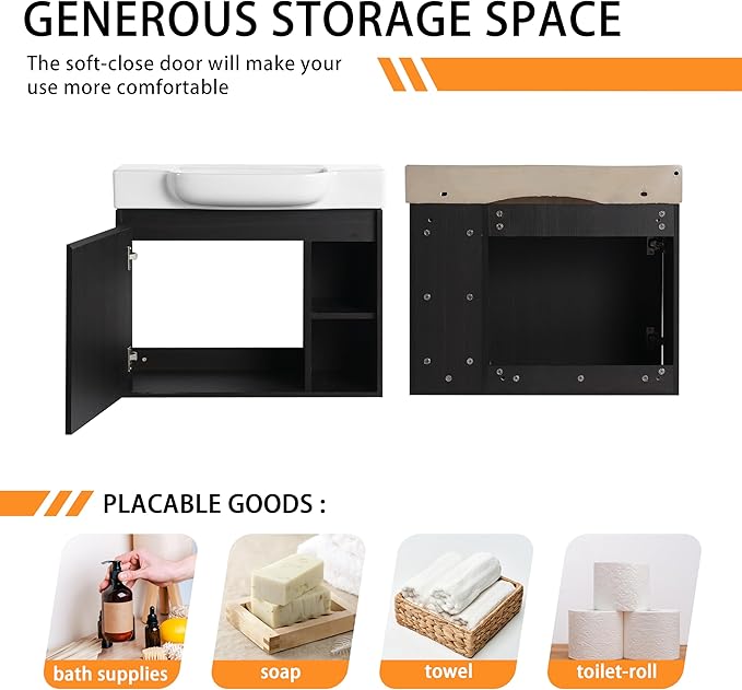 28" Wall-Mounted Bathroom Vanity with Ceramic Sink, 28 inch Floating Single Sink Vanity Cabinet Modern Brown 1-Door Design with Storage Shelf (Space-Saving for Small Bathrooms), Black